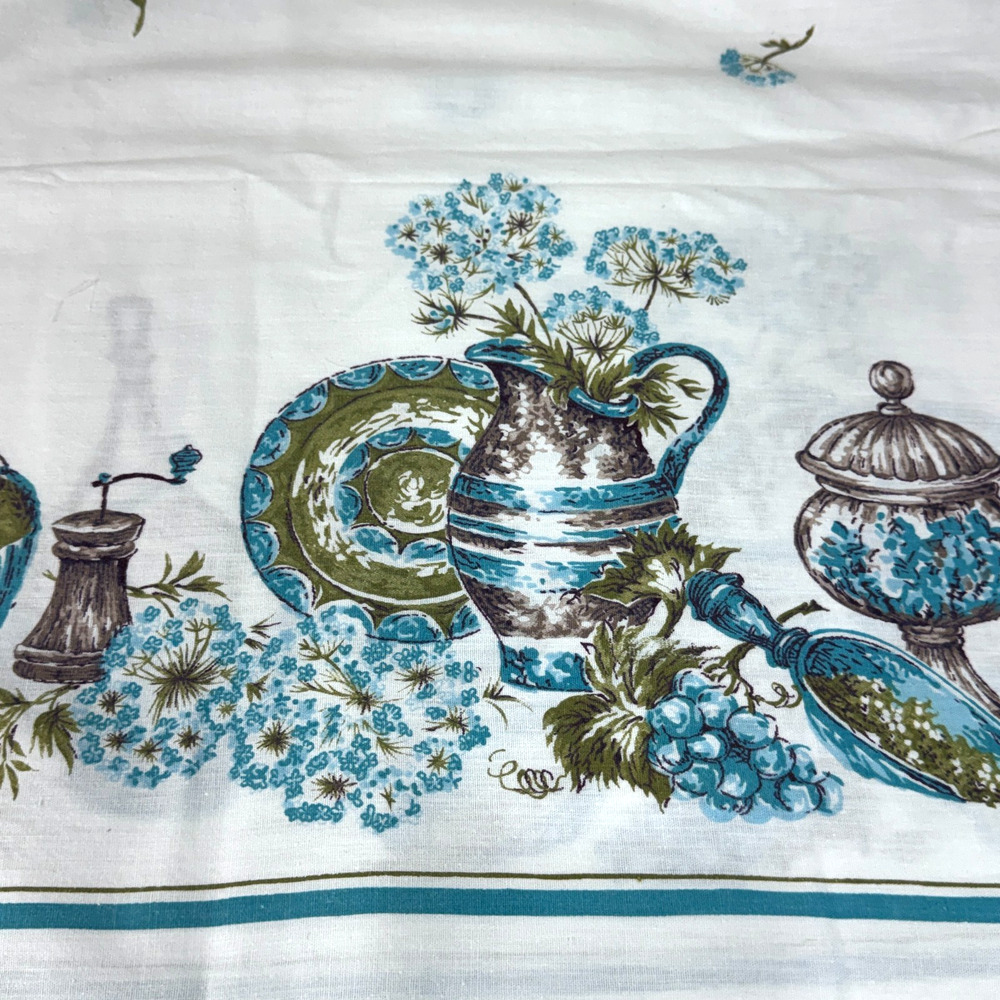 Vintage 1950s Tablecloth Turquoise Blue Kitchen Farmhouse 44x46
